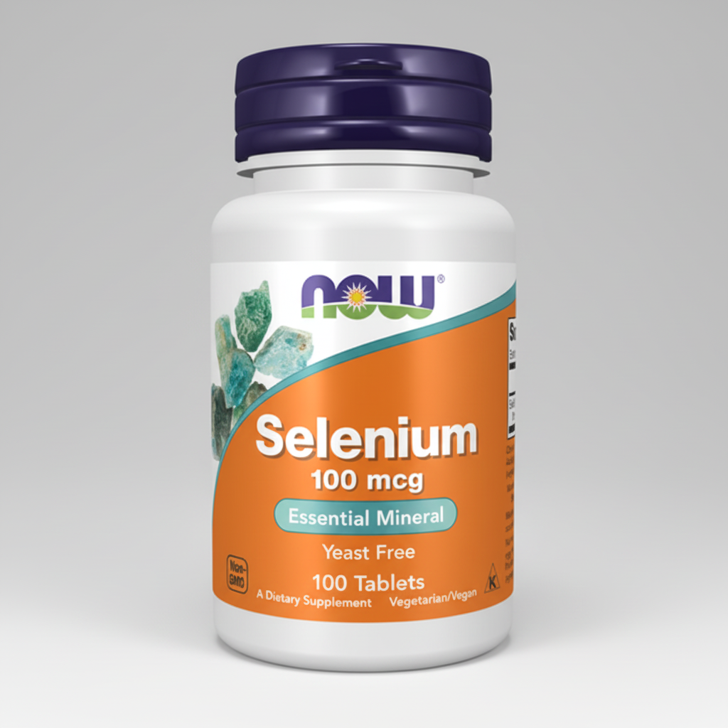 Supplement bottle labeled 'Selenium 100 mcg' by NOW on a white background