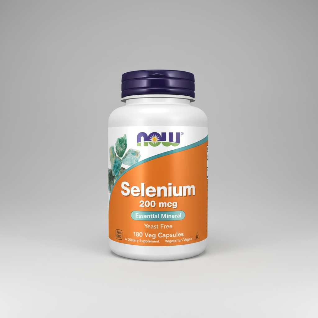 Supplement bottle labeled 'Selenium 200 mcg' by NOW on a white background