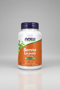 Supplement bottle labeled 'Senna Leaves' by NOW on a white background