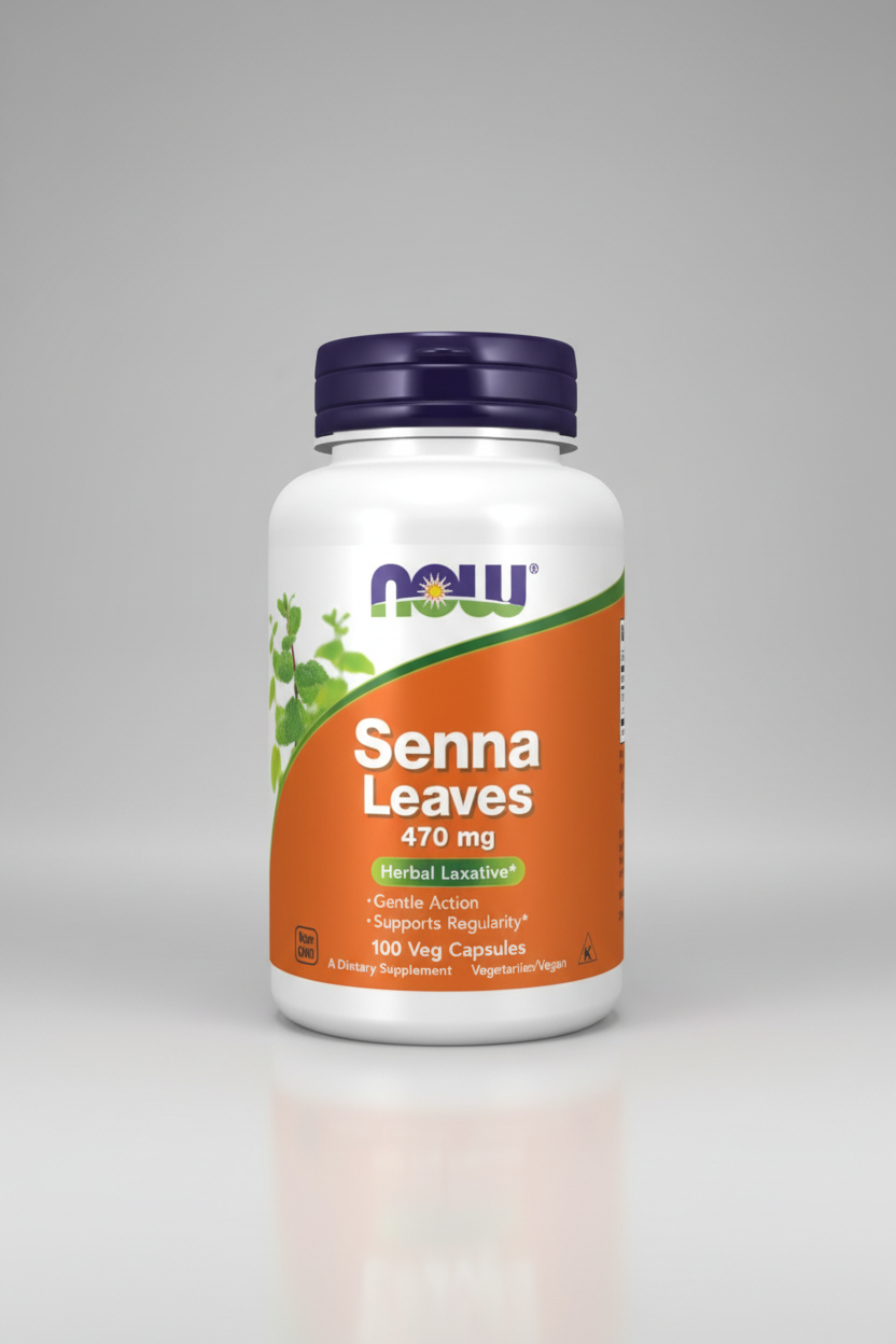 Supplement bottle labeled 'Senna Leaves' by NOW on a white background