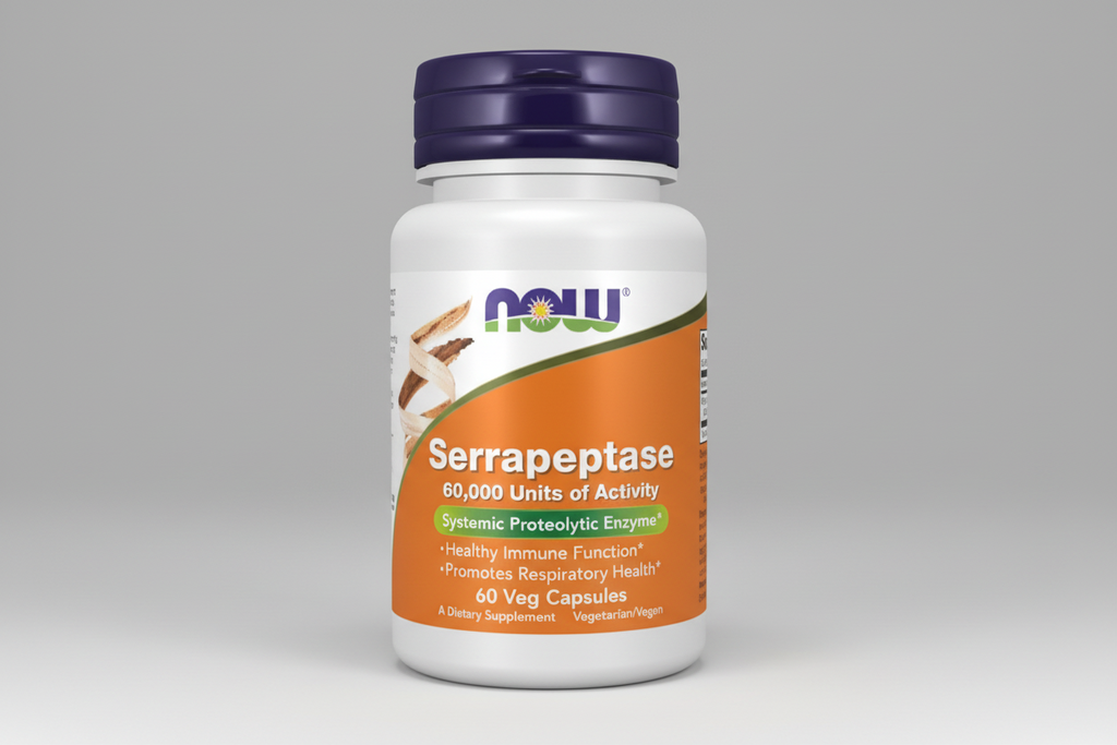 Supplement bottle labeled 'Serrapeptase' with NOW brand on a white background