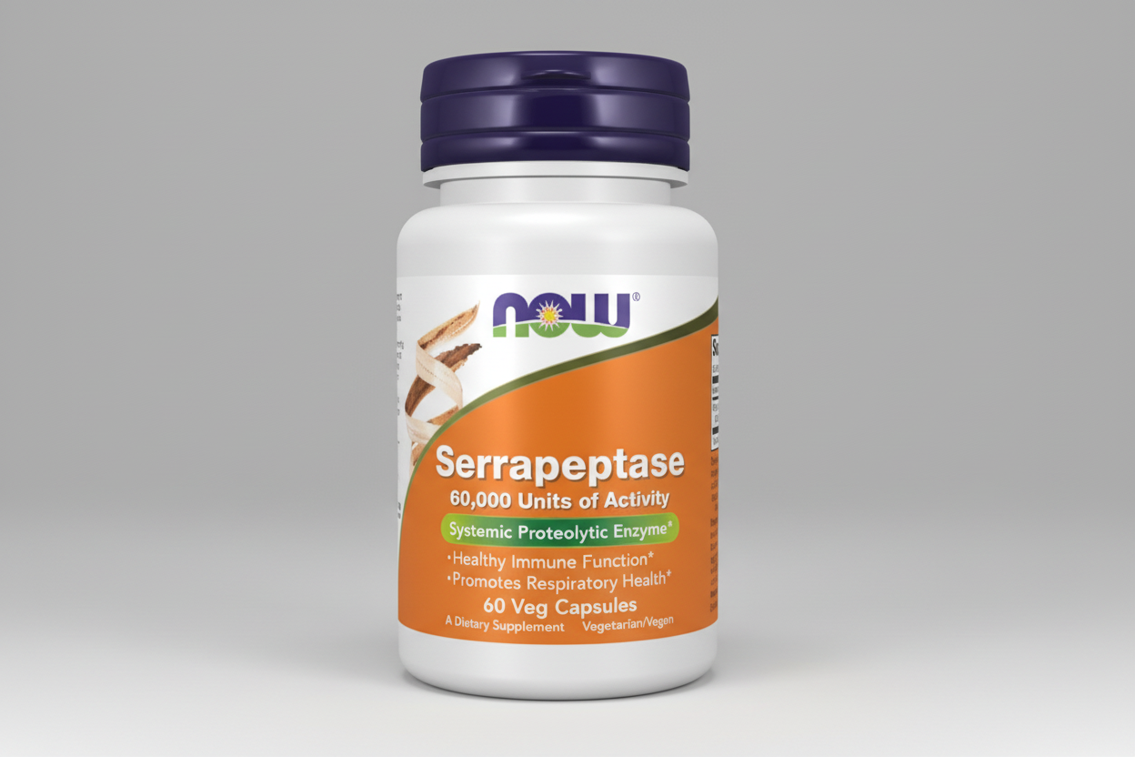 Supplement bottle labeled 'Serrapeptase' with NOW brand on a white background