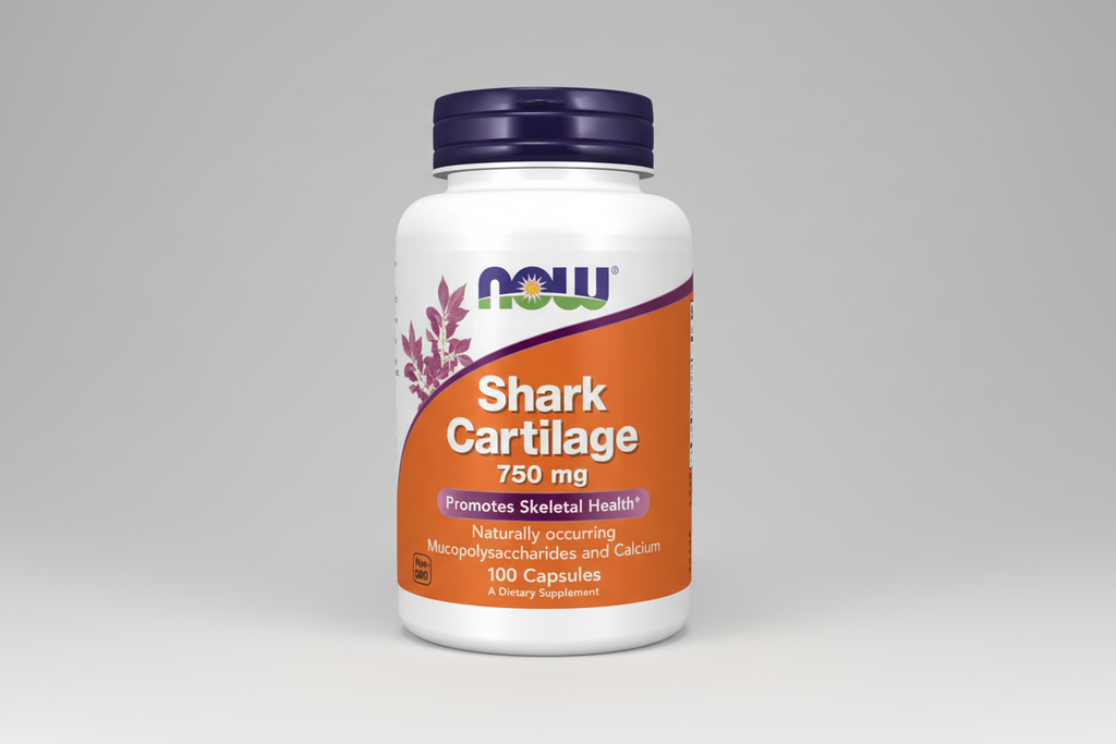 Supplement bottle labeled 'Shark Cartilage 750 mg' by NOW on a white background