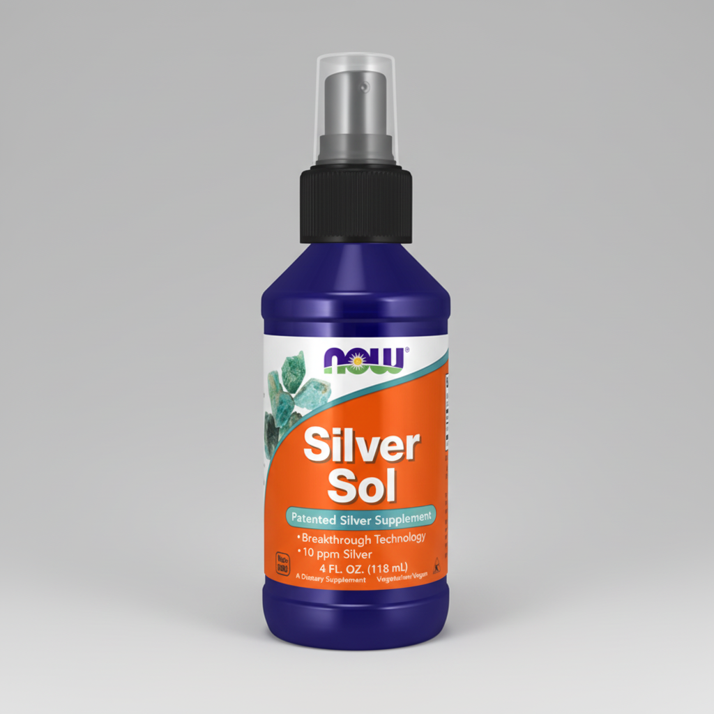 Bottle of Silver Sol supplement with a spray nozzle on a white background