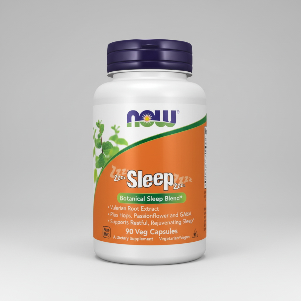 Supplement bottle labeled 'Sleep' with NOW brand on an orange background