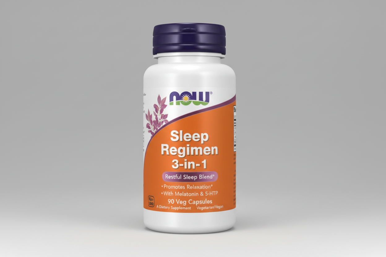 Supplement bottle labeled 'Sleep Regimen 3-in-1' by NOW on a white background