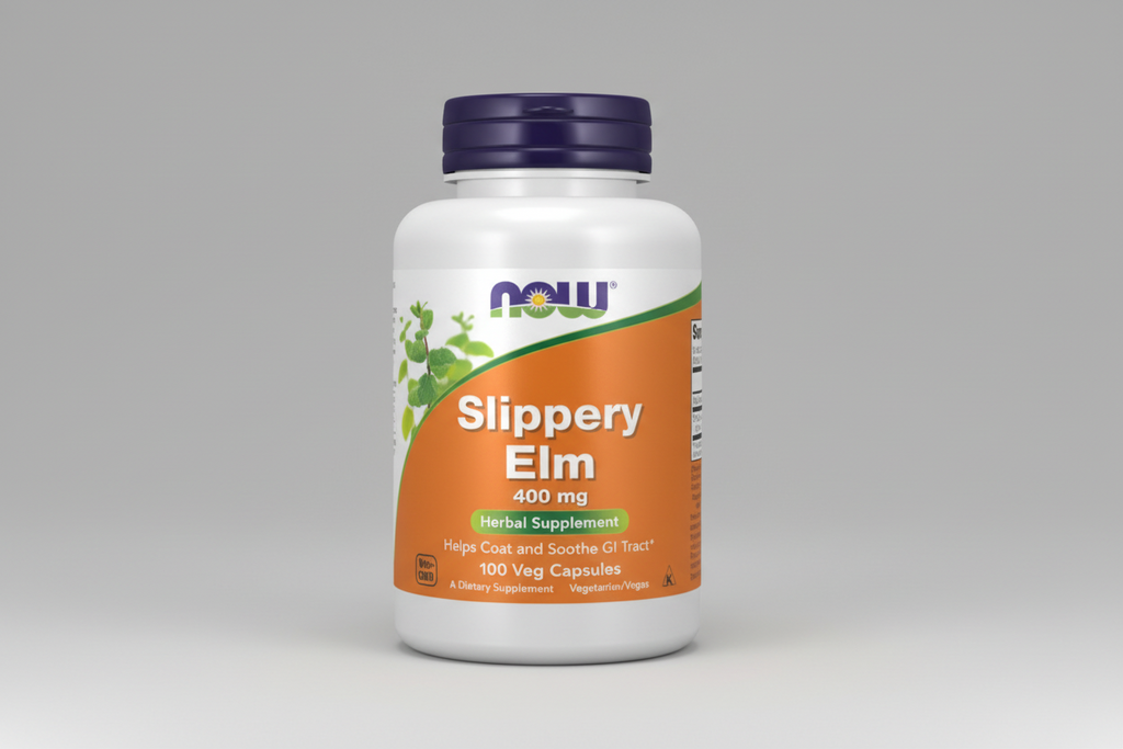 Supplement bottle labeled 'Slippery Elm' with NOW brand on a white background