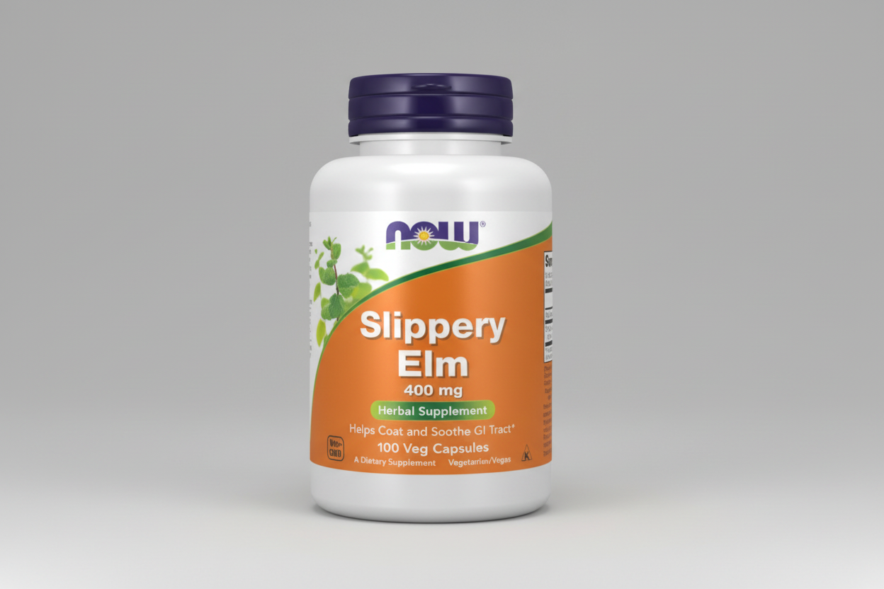 Supplement bottle labeled 'Slippery Elm' with NOW brand on a white background