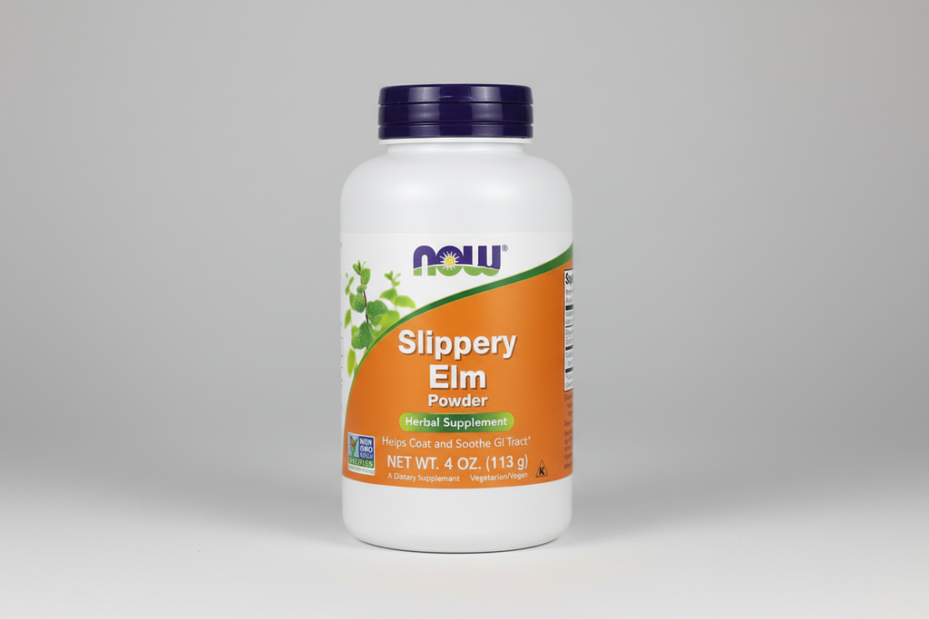 Supplement bottle labeled 'Slippery Elm Powder' by NOW on a white background