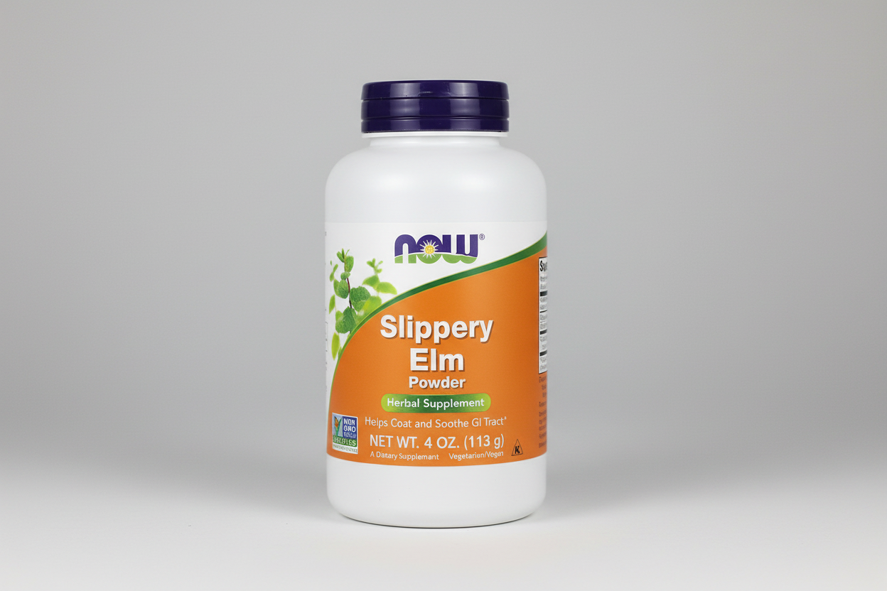 Supplement bottle labeled 'Slippery Elm Powder' by NOW on a white background