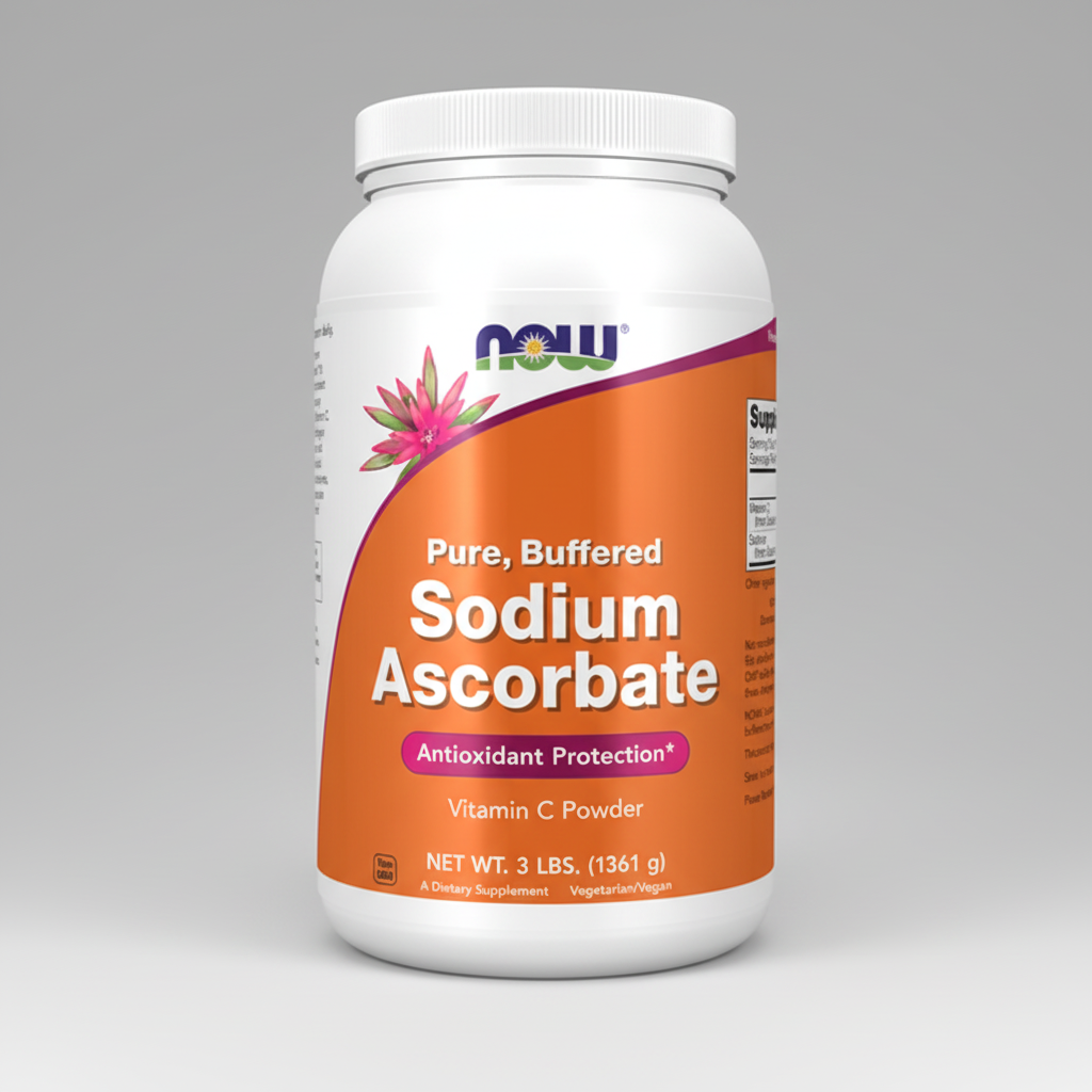 Vitamin supplement bottle labeled 'Pure, Buffered Sodium Ascorbate' on a white background