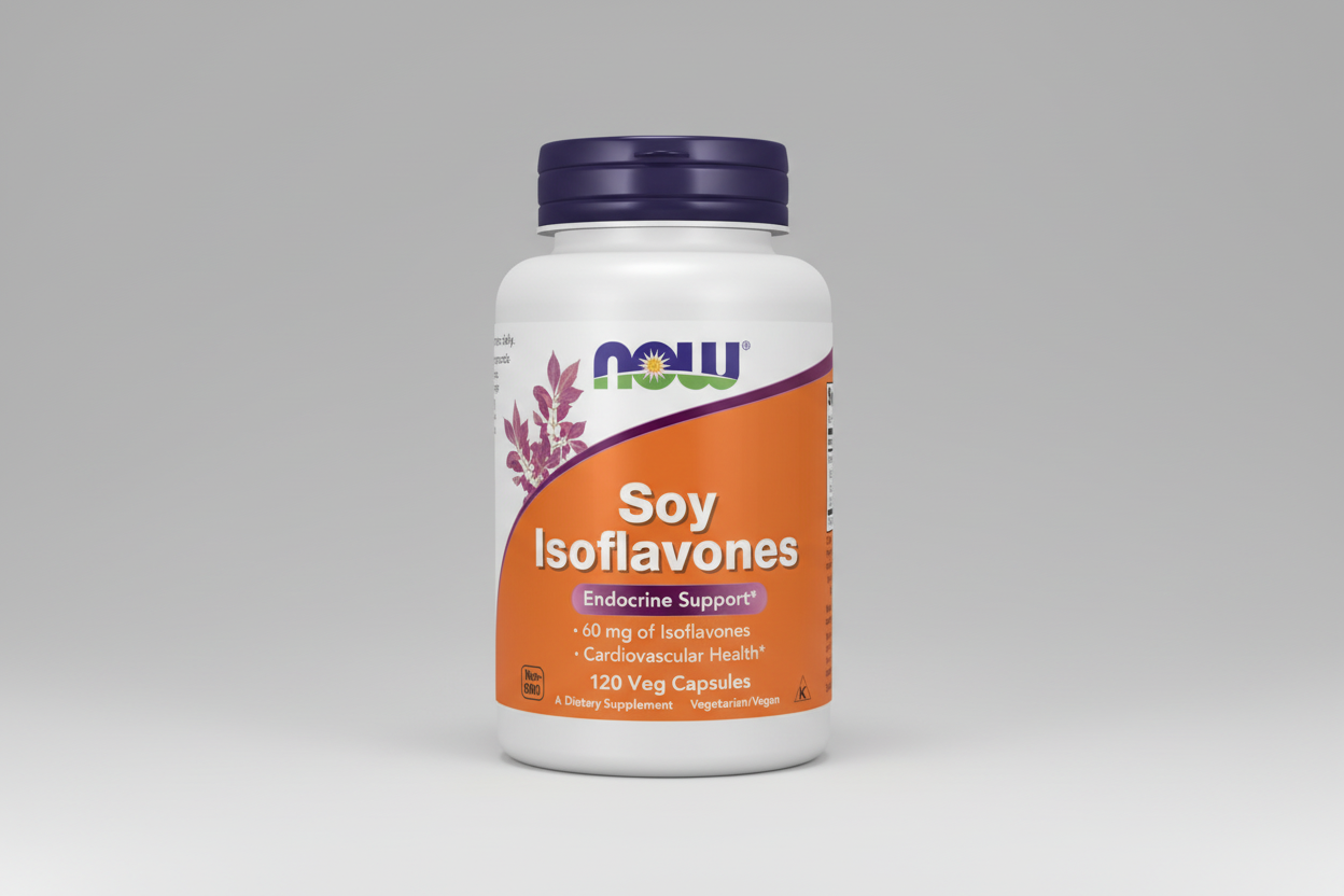 Supplement bottle labeled 'Soy Isoflavones' by NOW on an orange and white background