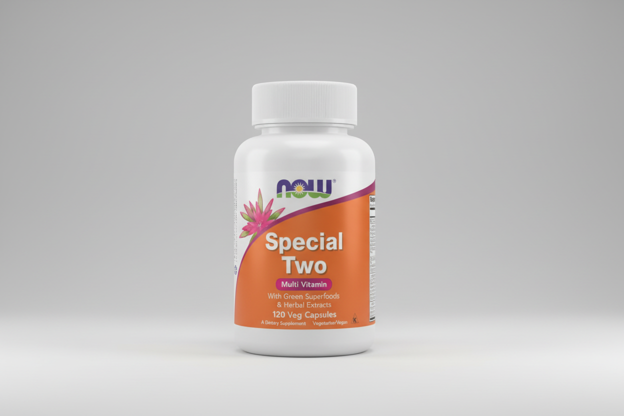 Supplement bottle labeled 'Special Two Multi Vitamin' with NOW brand on an orange and white background.