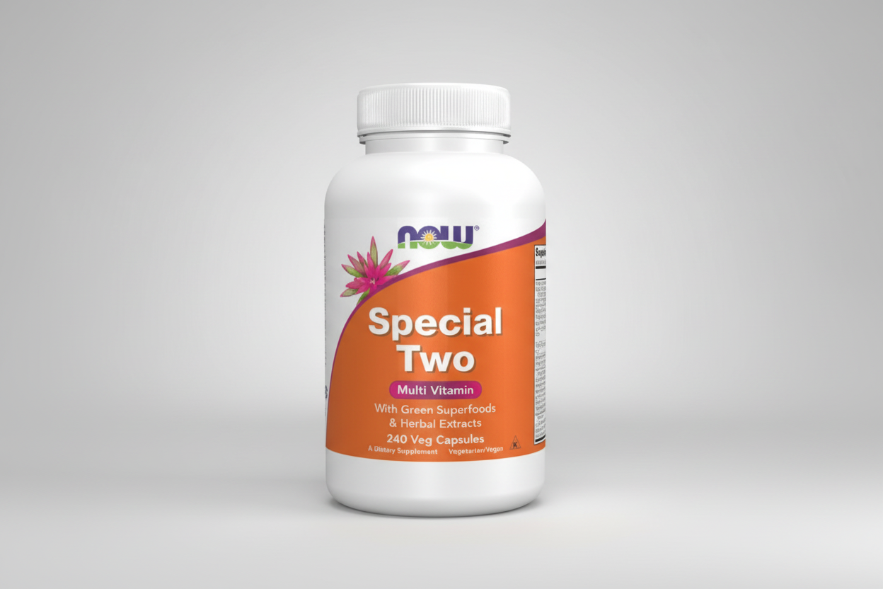 Multivitamin supplement bottle with orange label and white cap on a white background
