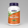Supplement bottle labeled 'Natural Spirulina' by NOW on a white background