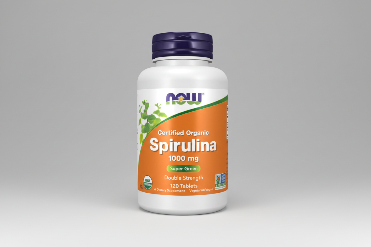 Bottle of NOW Certified Organic Spirulina 1000 mg supplement on a white background