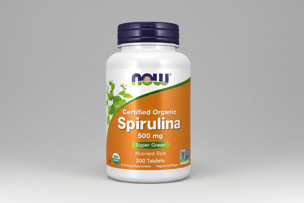 Supplement bottle of NOW Certified Organic Spirulina on a white background