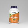 Supplement bottle of NOW Certified Organic Spirulina 500 mg on a white background