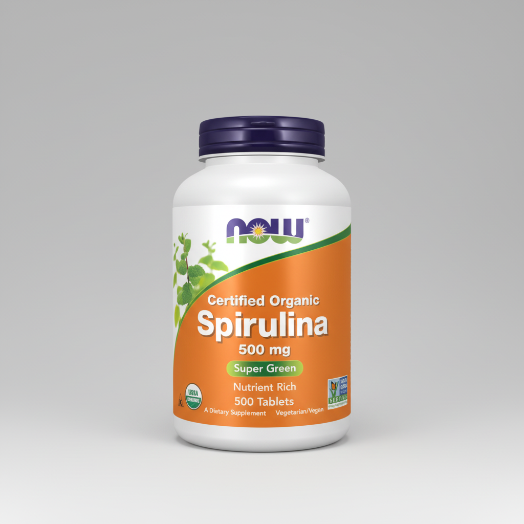Supplement bottle of NOW Certified Organic Spirulina 500 mg on a white background