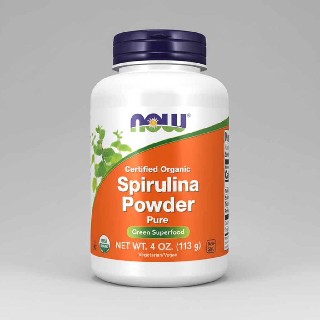 Bottle of NOW Certified Organic Spirulina Powder on a white background