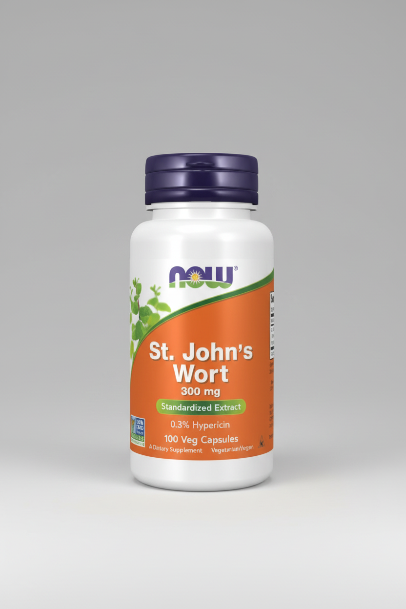 Supplement bottle of St. John's Wort with NOW brand on a white background