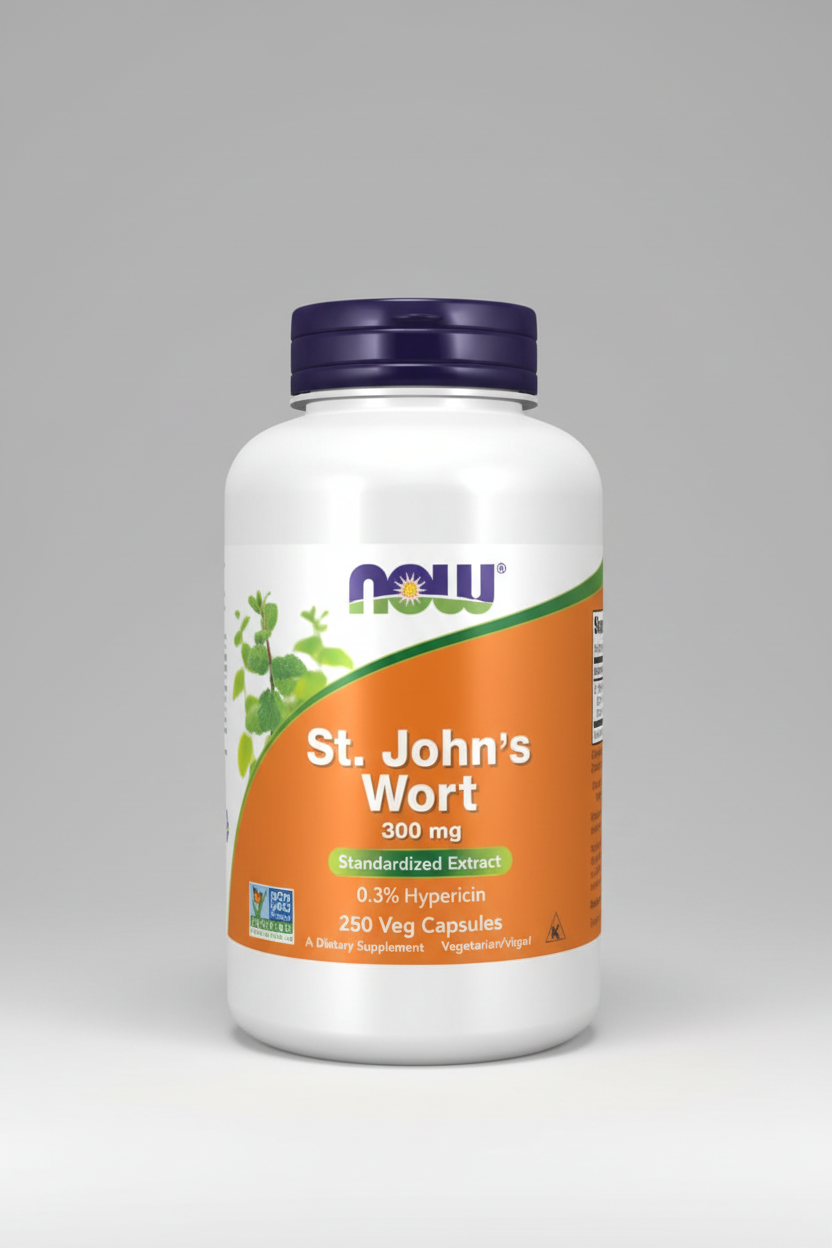 Supplement bottle of St. John's Wort with NOW brand on a white background