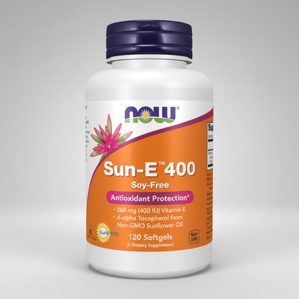 Supplement bottle labeled 'Sun-E 400' with Now brand on a white background