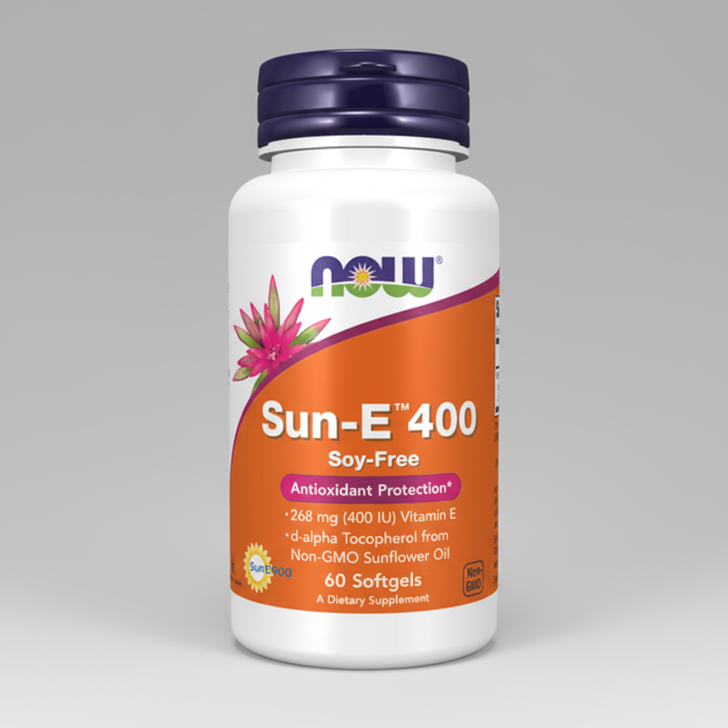 Supplement bottle labeled 'Sun-E 400' with Now brand on a white background