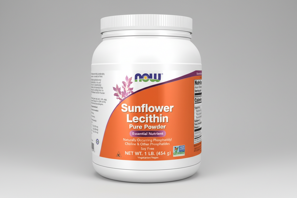 Sunflower Lecithin Pure Powder container with NOW brand on a white background