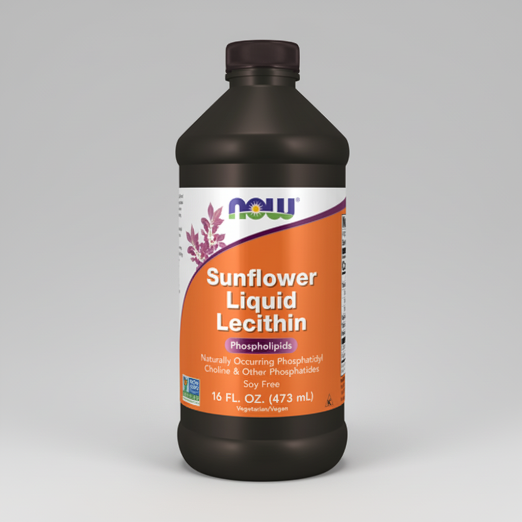 Bottle of NOW Sunflower Liquid Lecithin on a white background