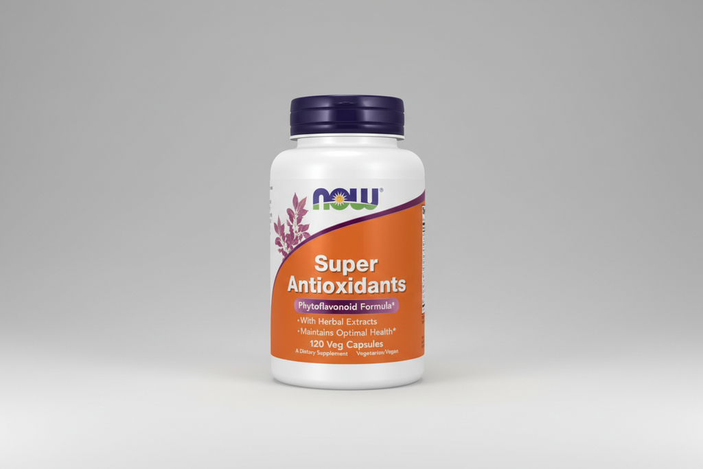 Supplement bottle labeled 'Super Antioxidants' with NOW brand on an orange and white label.
