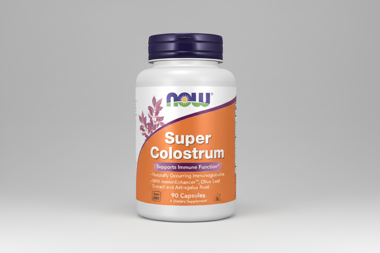Supplement bottle labeled 'Super Colostrum' with NOW brand on an orange and purple background.