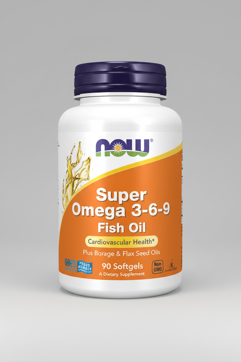 Supplement bottle labeled 'Super Omega 3-6-9 Fish Oil' by NOW on a white background