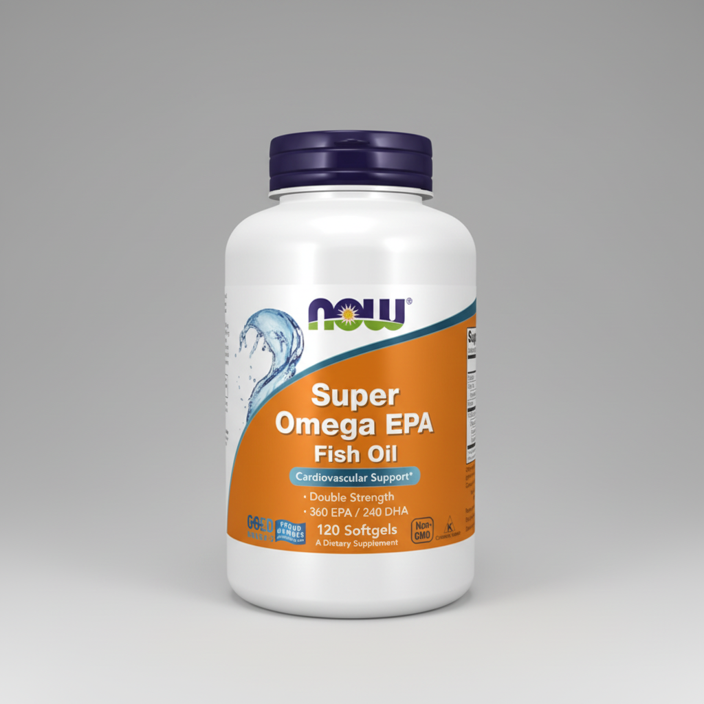 Supplement bottle labeled 'Super Omega EPA Fish Oil' by NOW on a white background