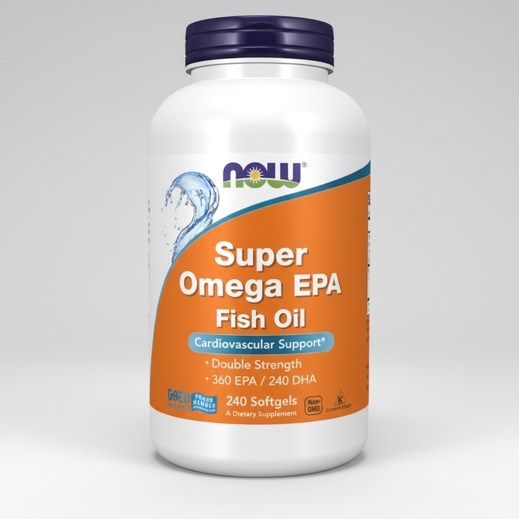 Supplement bottle labeled 'Super Omega EPA Fish Oil' by NOW on a white background