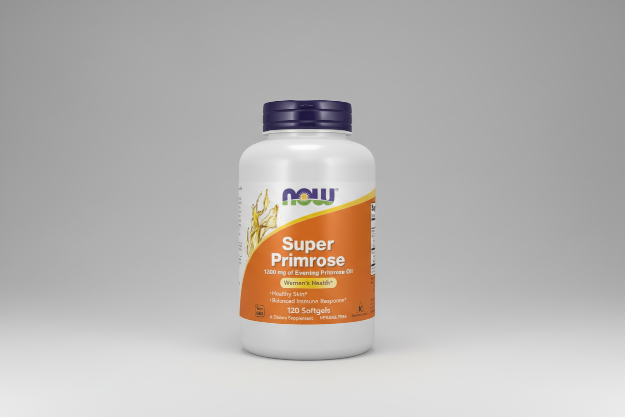 Supplement bottle labeled 'Super Primrose' with NOW brand on a white background