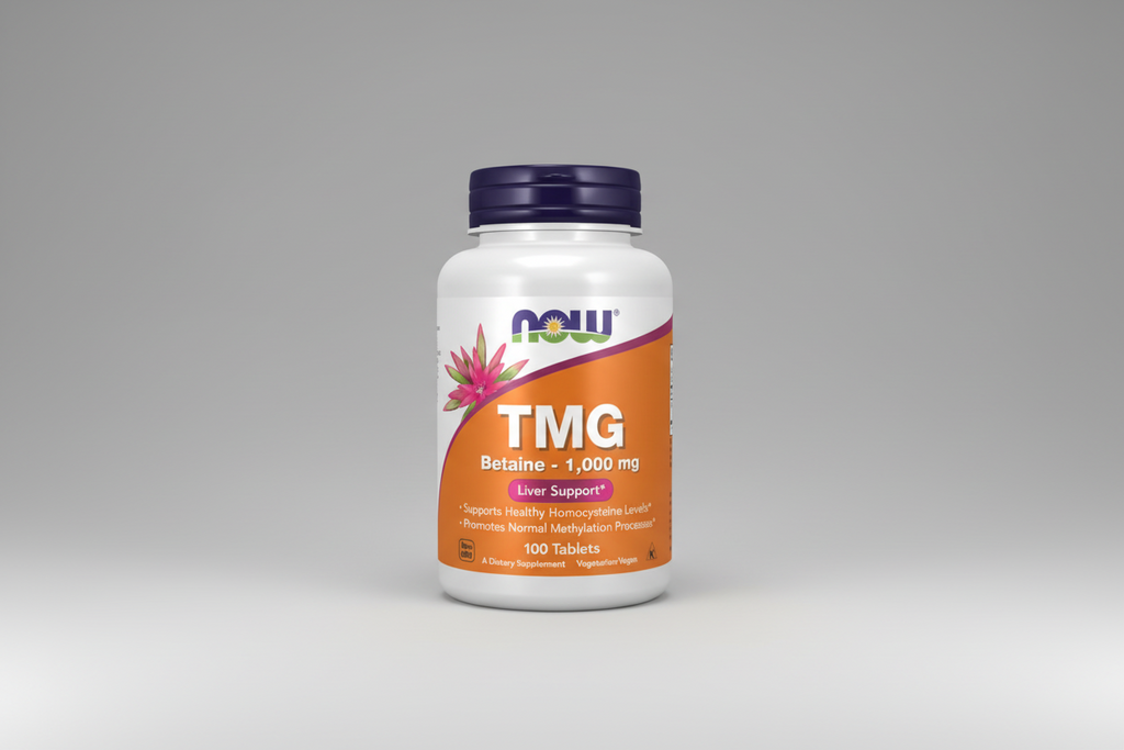 Supplement bottle labeled 'TMG Betaine' with Now brand on a white background