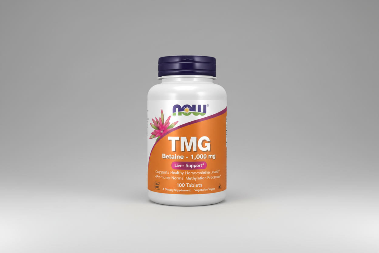 Supplement bottle labeled 'TMG Betaine' with Now brand on a white background