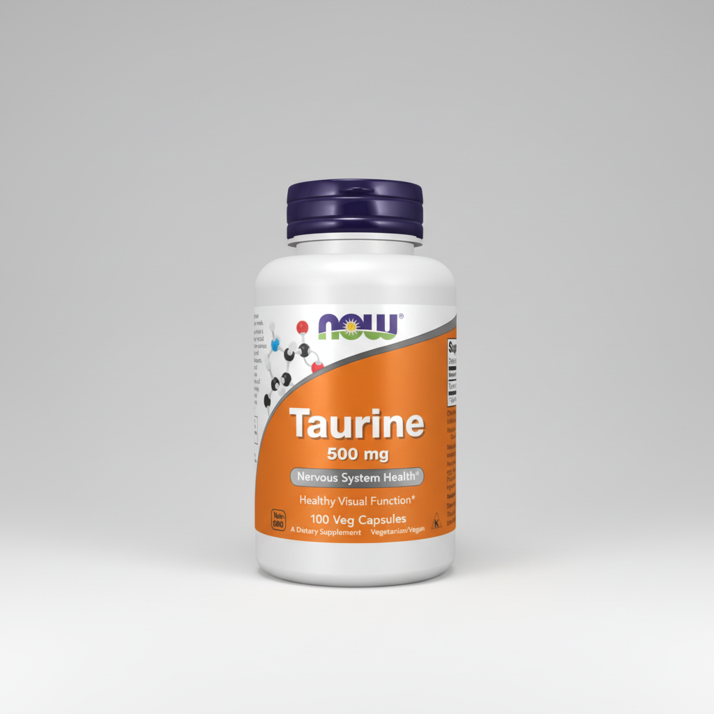 Supplement bottle labeled 'Taurine 500 mg' by NOW on a white background