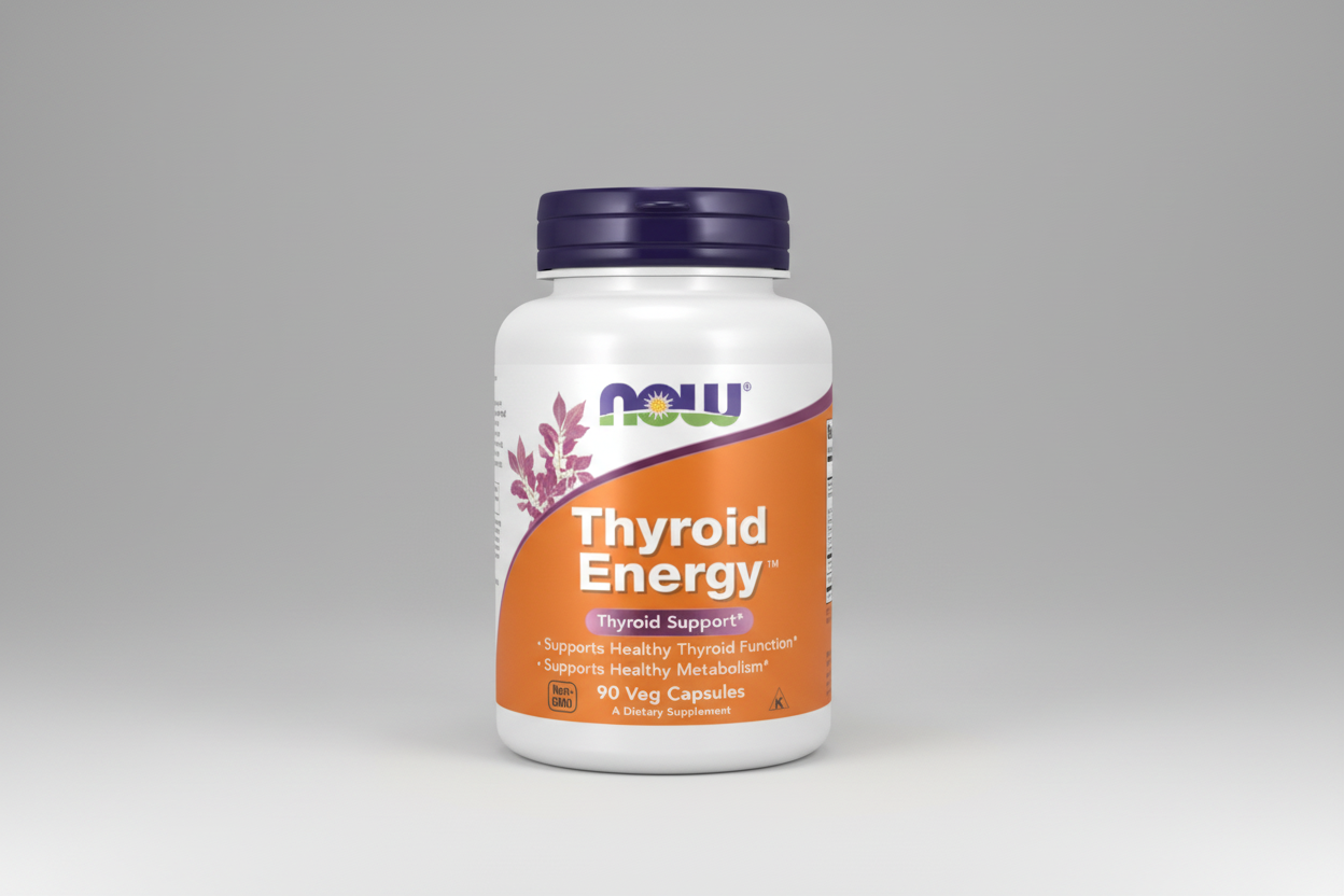 Supplement bottle labeled 'Thyroid Energy' by NOW on a white background