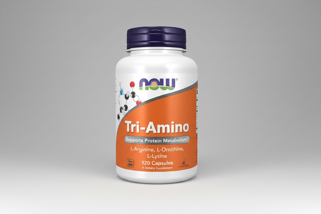 Supplement bottle labeled 'Tri-Amino' by NOW on a white background