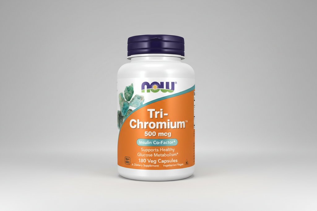 Supplement bottle labeled 'Tri-Chromium' with Now brand on a white background