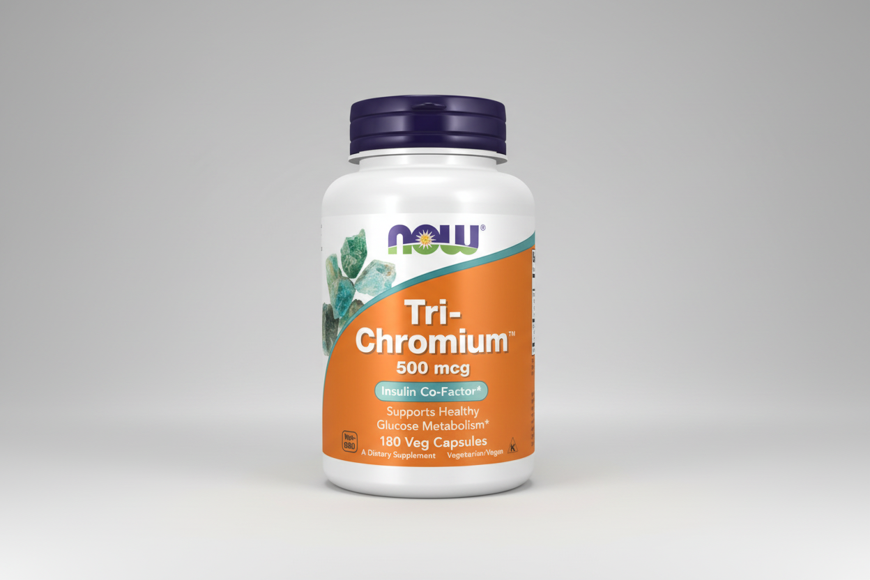 Supplement bottle labeled 'Tri-Chromium' with Now brand on a white background
