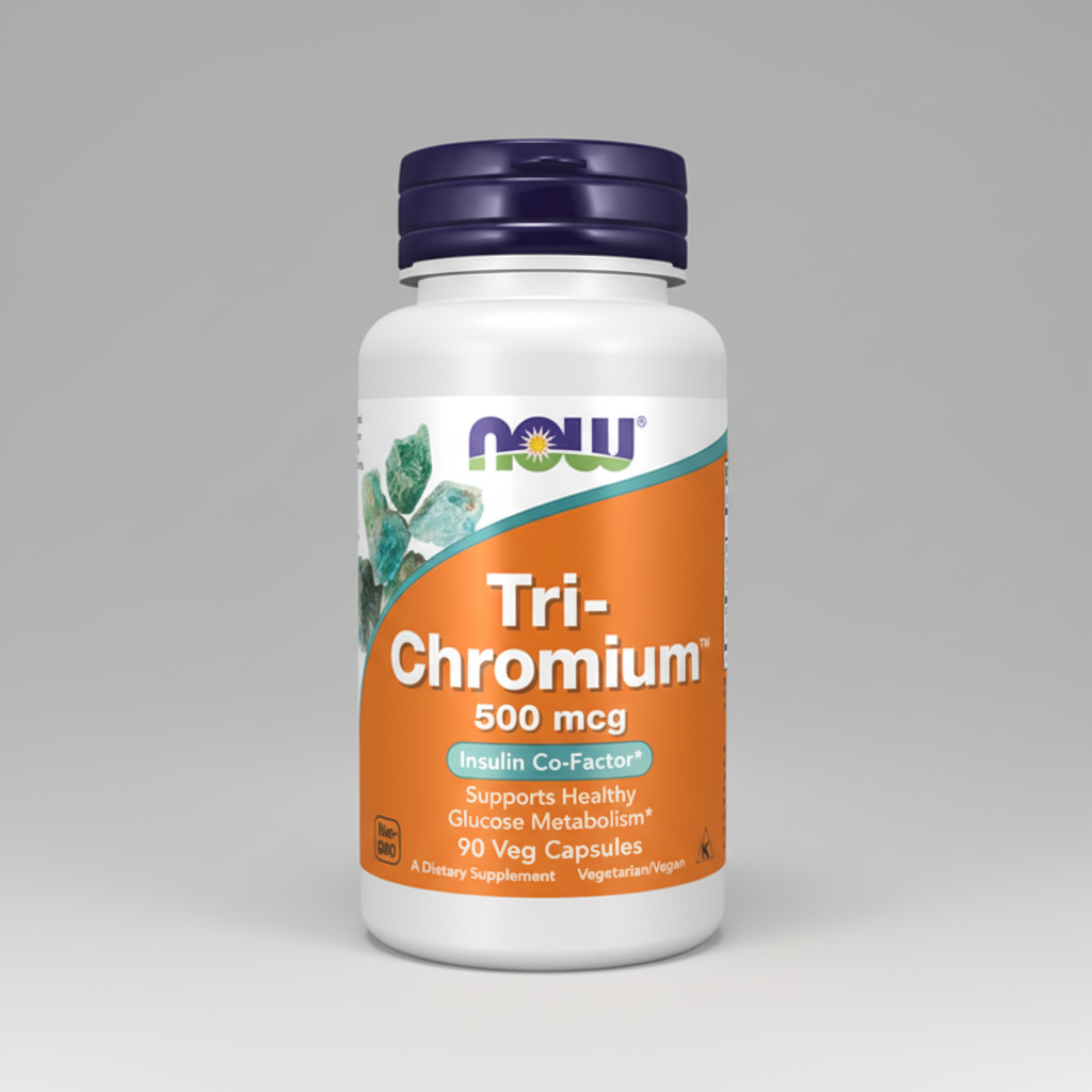 Supplement bottle labeled 'Tri-Chromium' with Now brand on a white background