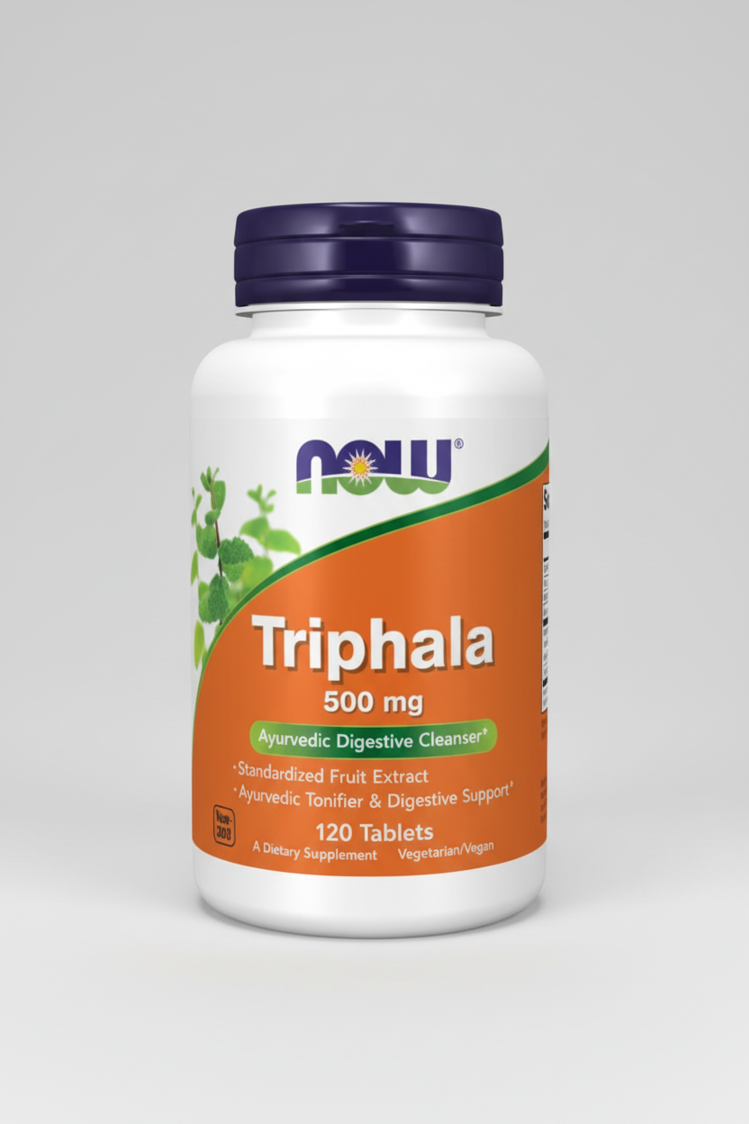 Triphala supplement bottle with NOW brand on an orange background