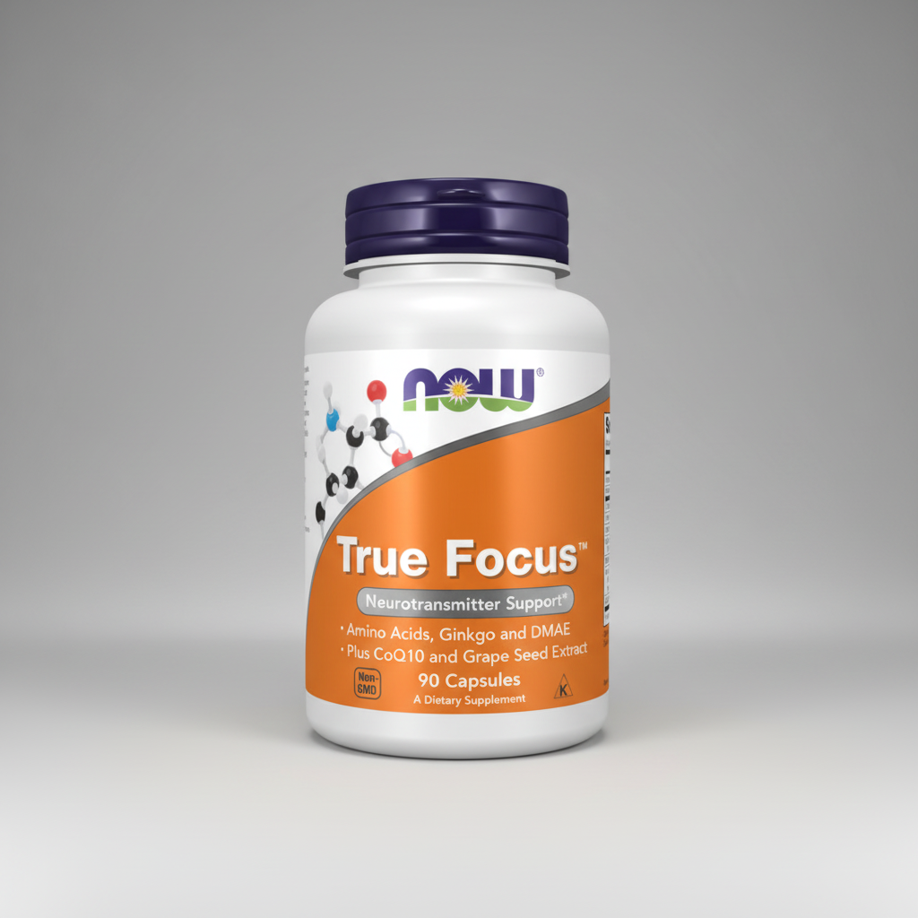 Supplement bottle labeled 'True Focus' with NOW brand on a white background