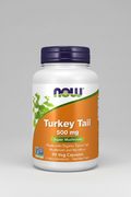 Supplement bottle labeled 'Turkey Tail' with Now brand on a white background