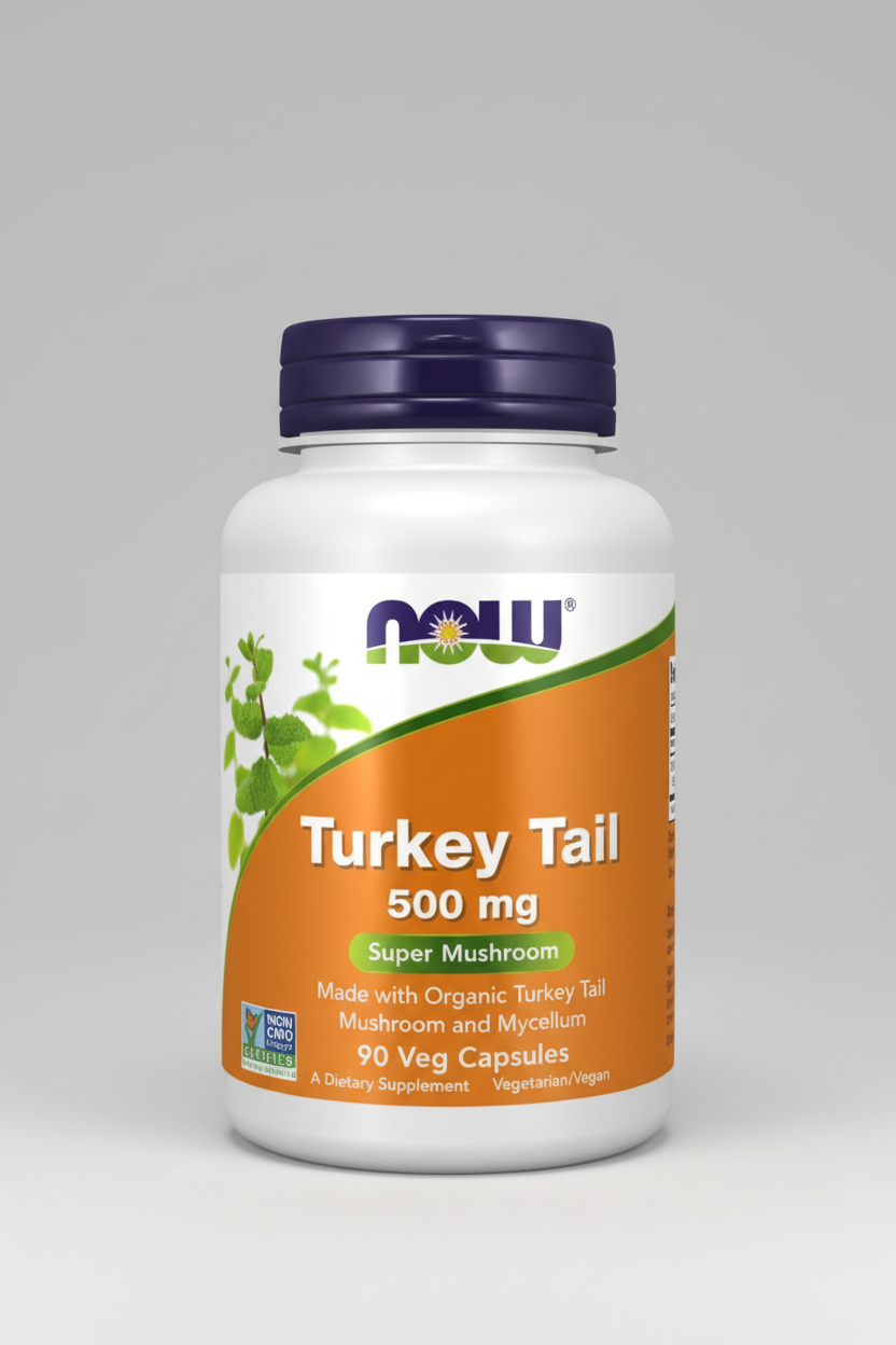 Supplement bottle labeled 'Turkey Tail' with Now brand on a white background