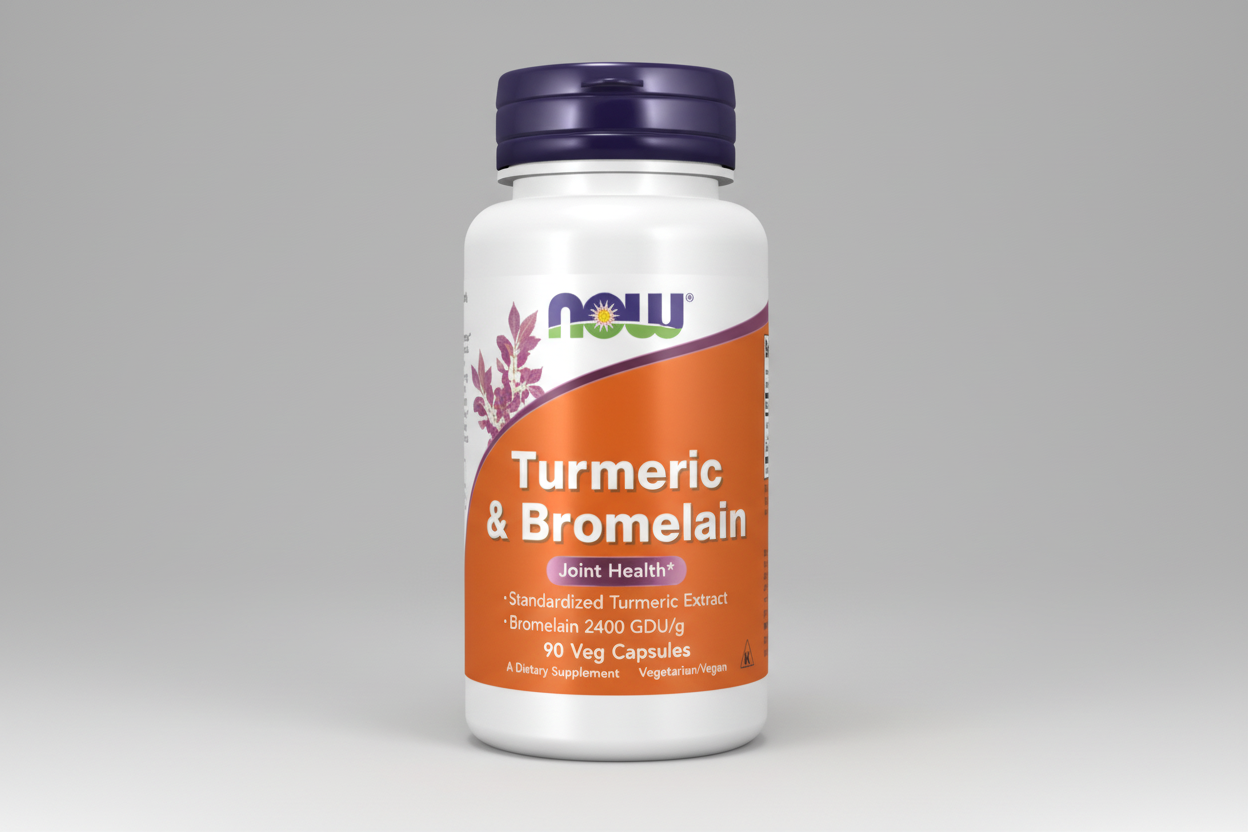Supplement bottle labeled 'Turmeric & Bromelain' with NOW brand on a white background