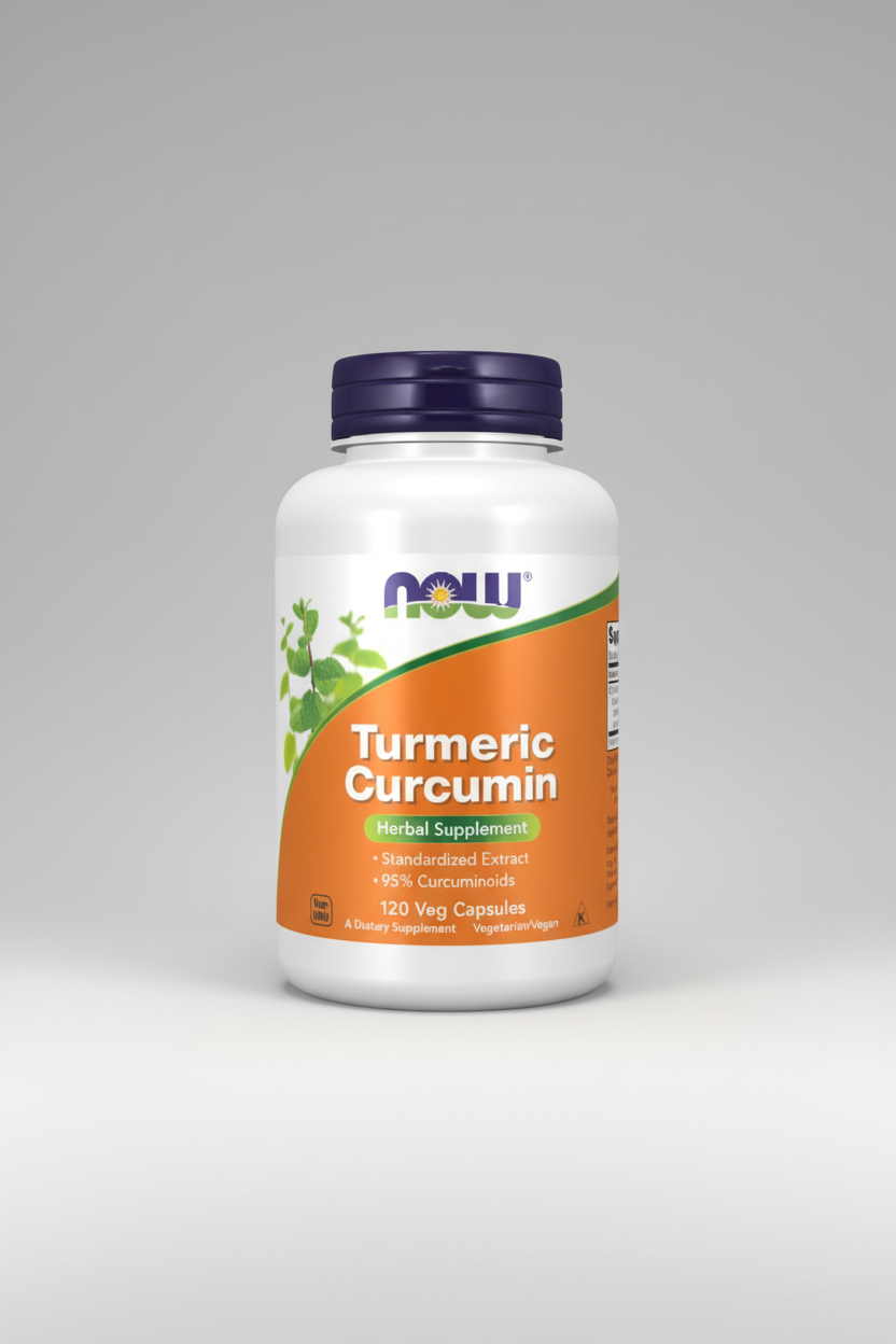 Supplement bottle of Turmeric Curcumin with NOW brand on a white background